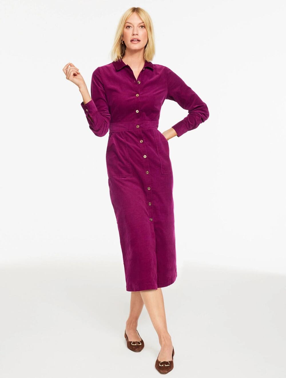 New Talbots Corduroy Midi Shirt Dress Purple Button Front Long Sleeve Sz 24W